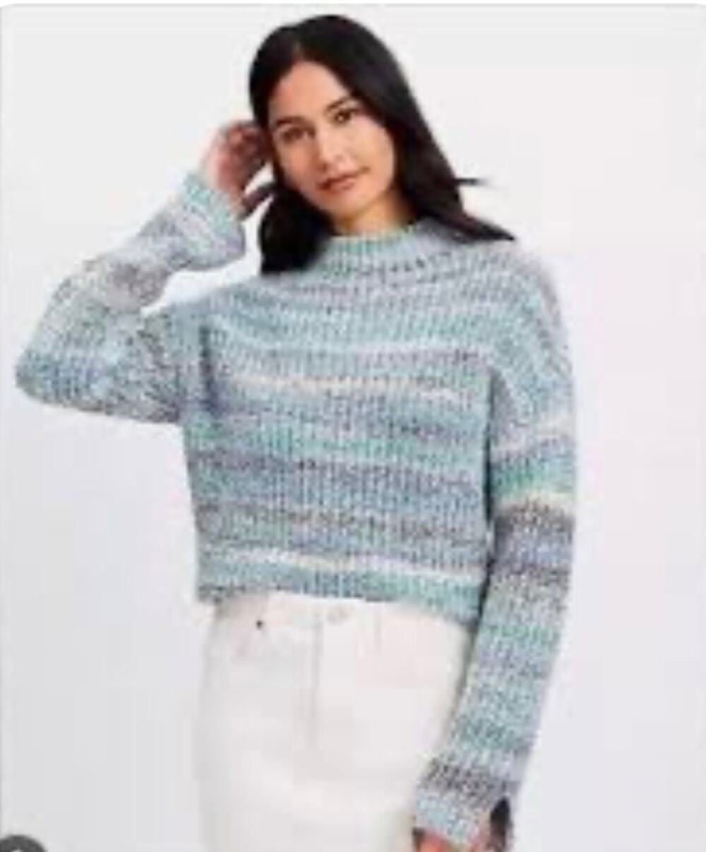 LOFT Petite Marled Ribbed Mock Neck Knit Blue Ivory Purple Sweater Medium MP